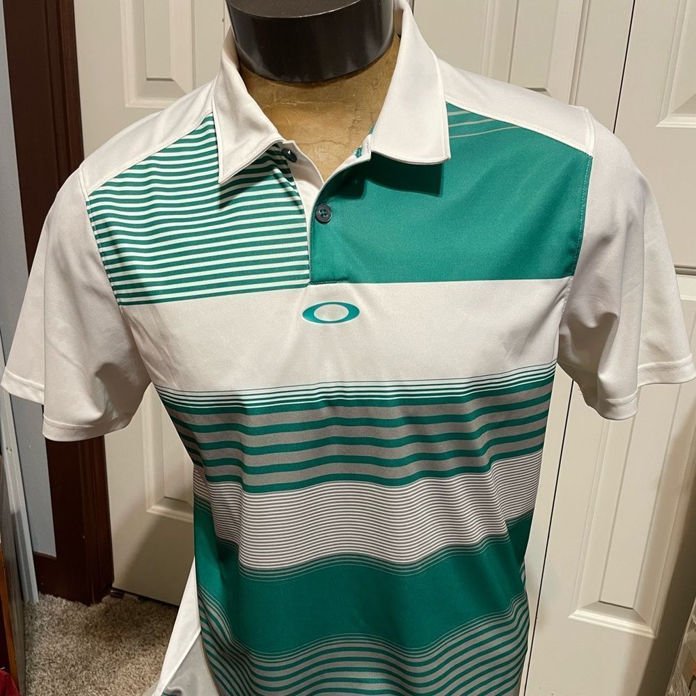 Oakley Mens Medium Green/White Striped Shirt Sleeve Polo